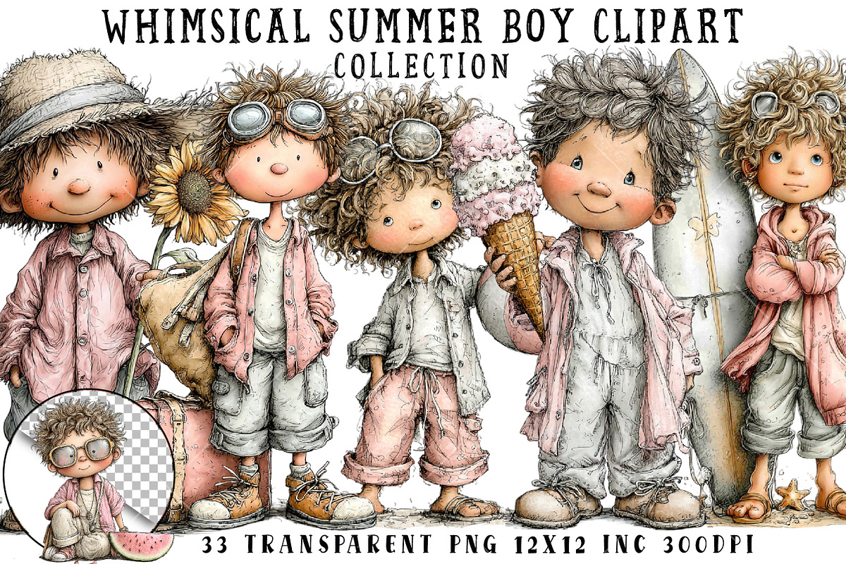 Whimsical Summer Boy Clipart, an Illustration by OK Design (Photo 1 of 6)