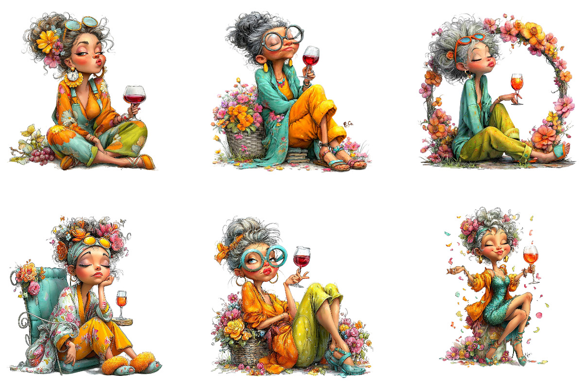 Funny Wine Lady Clipart Bundle PNG, a Seasonal Illustration by CreationArt (Photo 5 of 5)