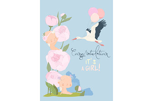 Stork Delivering Baby Girl. It s a, a Person Illustration by Maria Starus