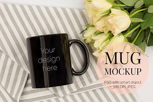 Black Mug Mockup PSD with Roses
