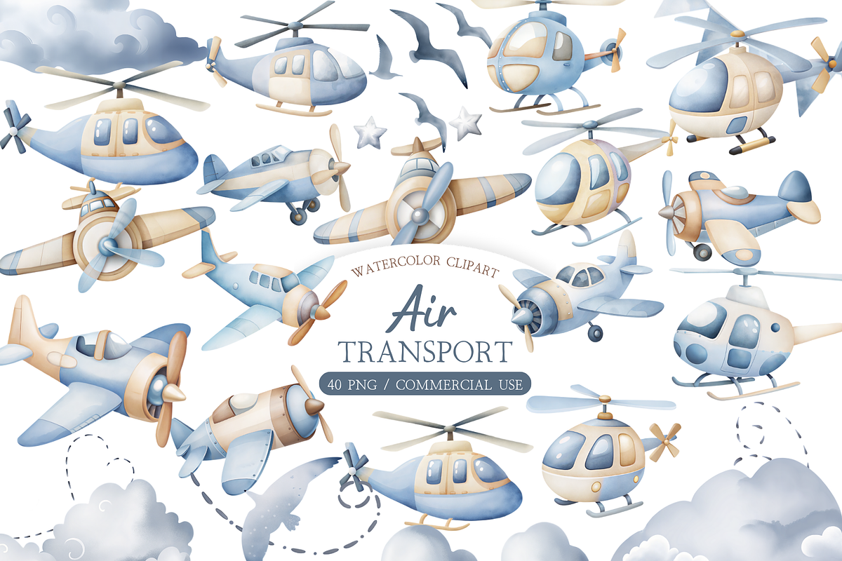 Watercolor Air Transport Clipart, an Illustration by MockupWizard (Photo 1 of 5)