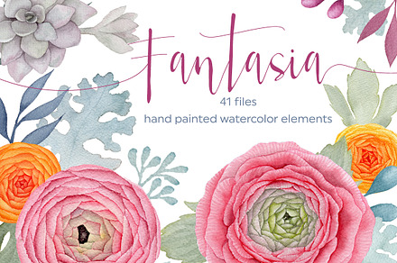 Fantasia. Watercolor flowers pack