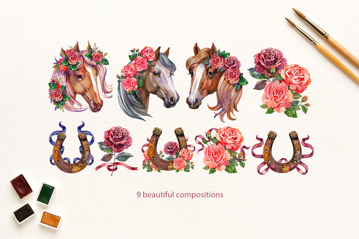 Roses and Horses Watercolor Cliparts, an Animal Illustration by NataliMiasStore (Photo 6 of 8)