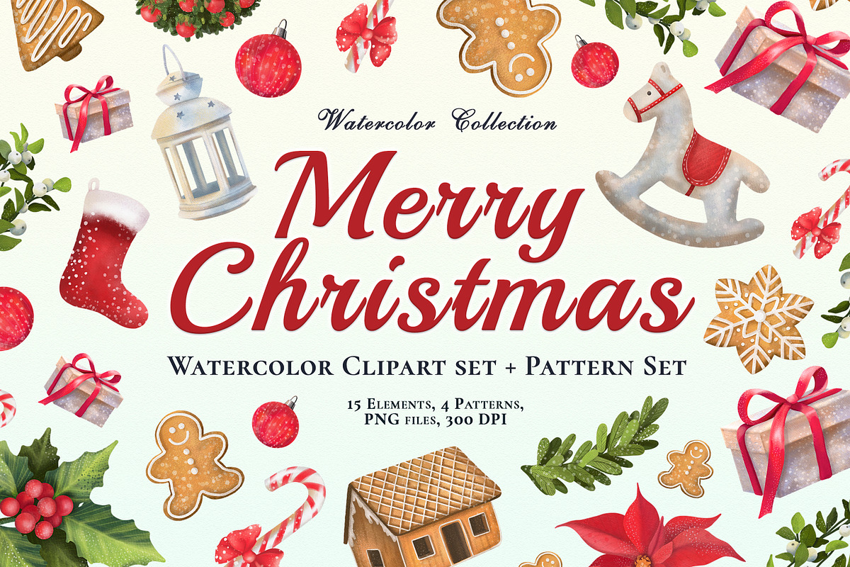 Merry Christmas. Cliparts+Patterns., a Food Illustration by OlyaGutArt (Photo 1 of 7)