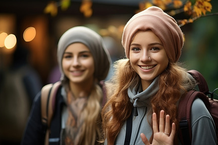 Two smiling young female friends wear head scarf and with backpa, a Person Photo by AS photostudio