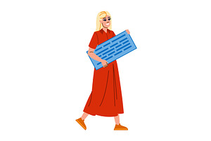 Woman walking and holding a giant, a Technology Illustration by pikepicture