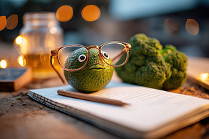 Surprised avocado with glasses on a cozy therapist's couch at twilight, a Food & Drink Photo by AlyaAnd