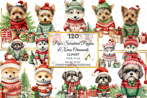 120 Watercolor Christmas Dog Clipart