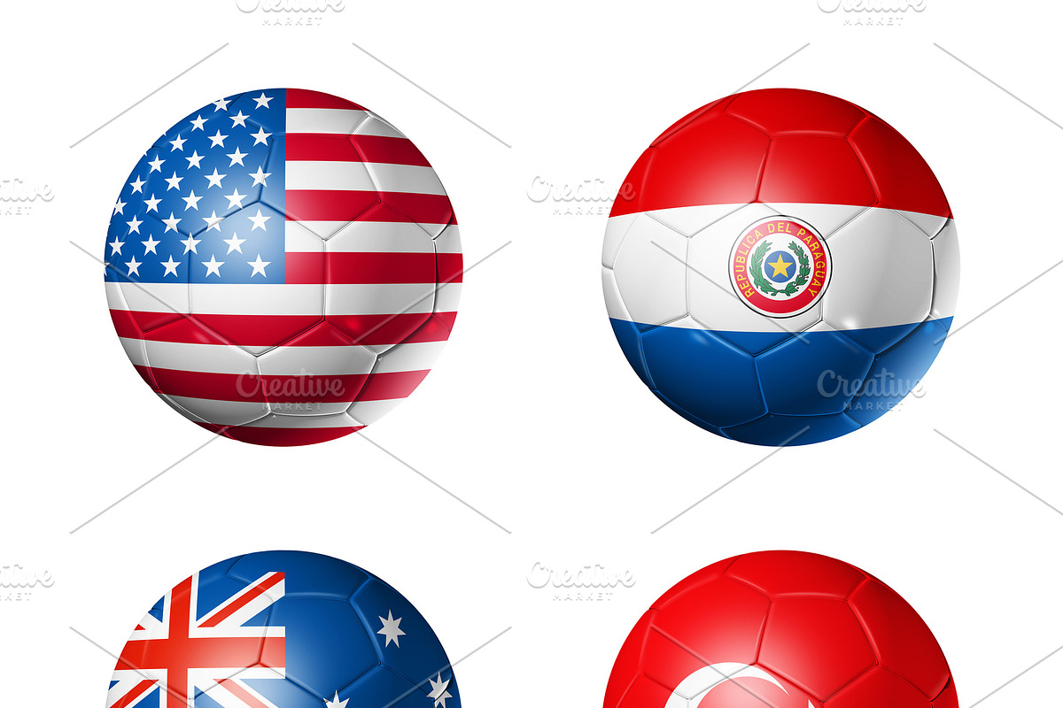 Football competition 2026 group D flags on soccer balls. 3D illu, a Sport Illustration by GoodGoods