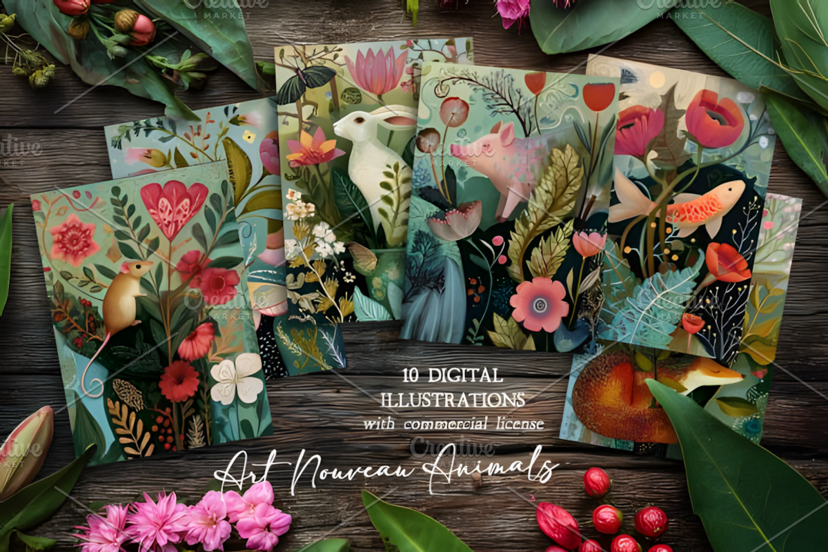 Art Nouveau Animals Illustrations, a Background Graphic by Design Station (Photo 1 of 5)