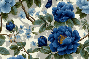 Seamless pattern chinoiserie pattern with blue peonies, branches