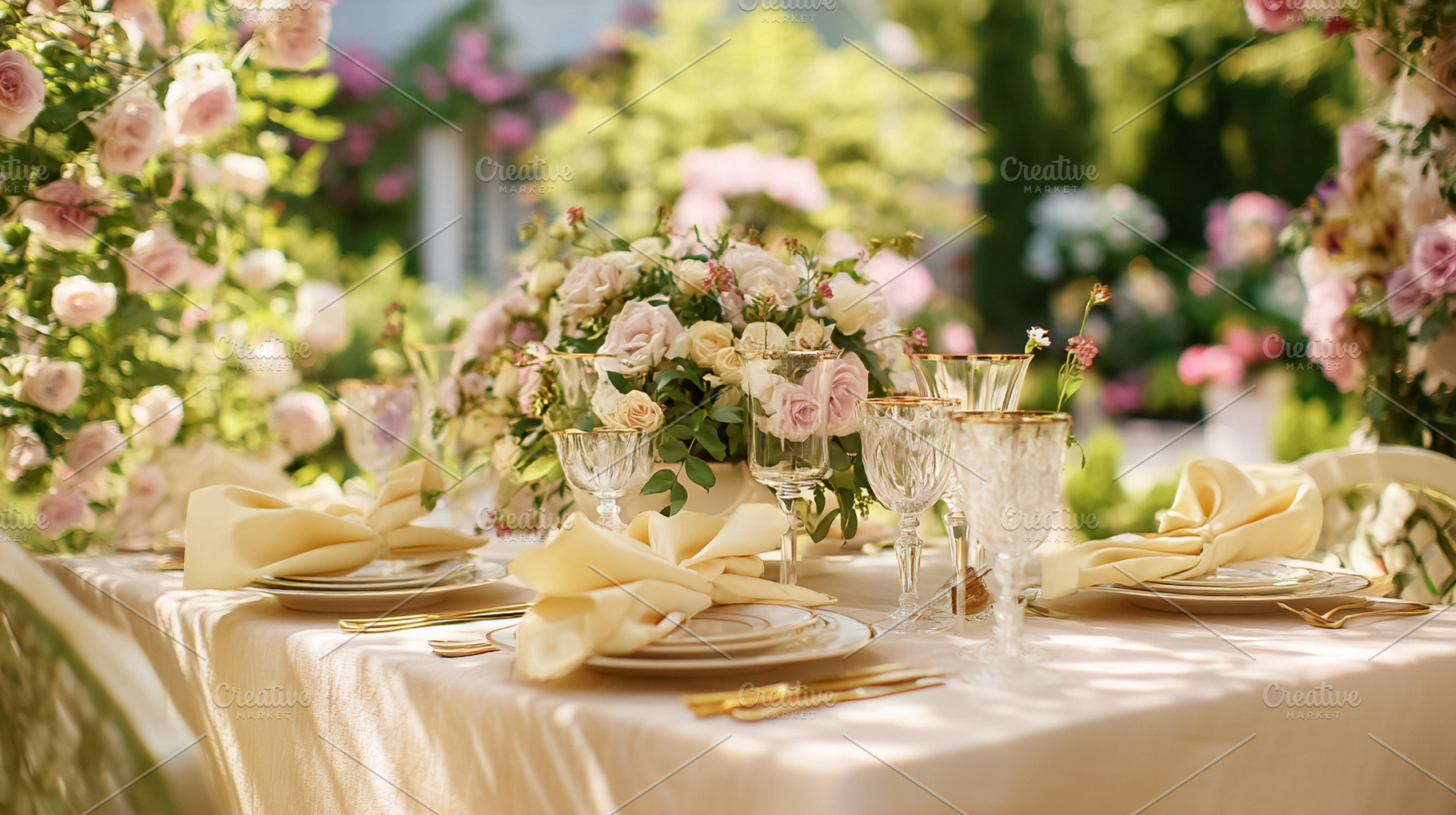 Elegant outdoor dining table setup for a celebration, romantic w, a Photo by Anneleven