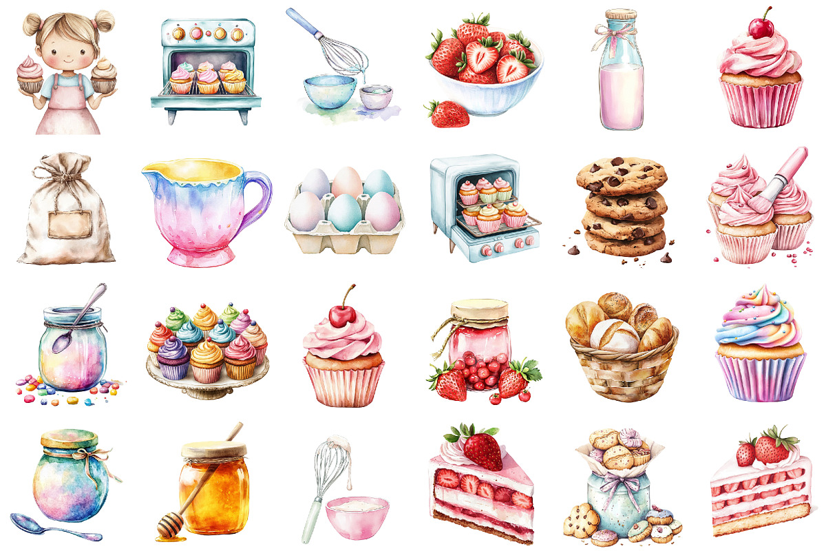 Watercolor Baking Party Clipart, an Illustration by designcity5 (Photo 2 of 5)