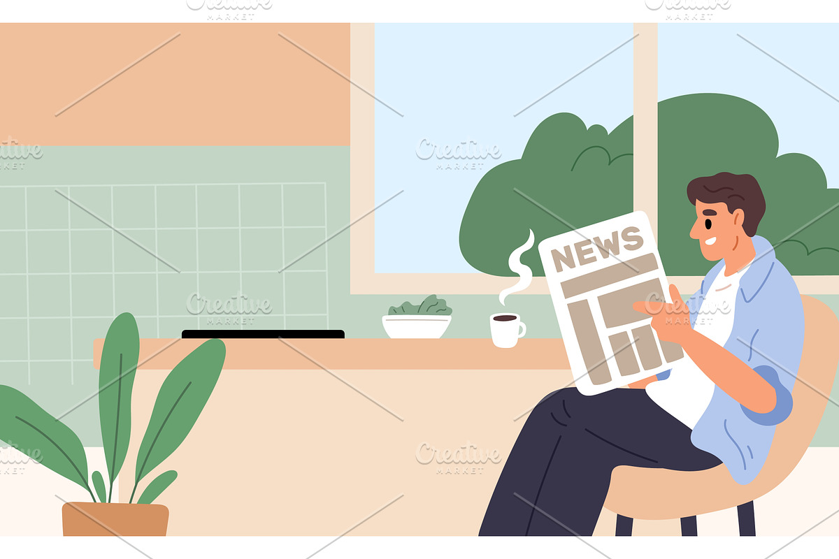 Young man reads morning paper in, a Person Illustration by Vectorbuum