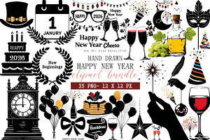 Hand Drawn Happy New Year Clipart, an Illustration by DreamArtGraphic