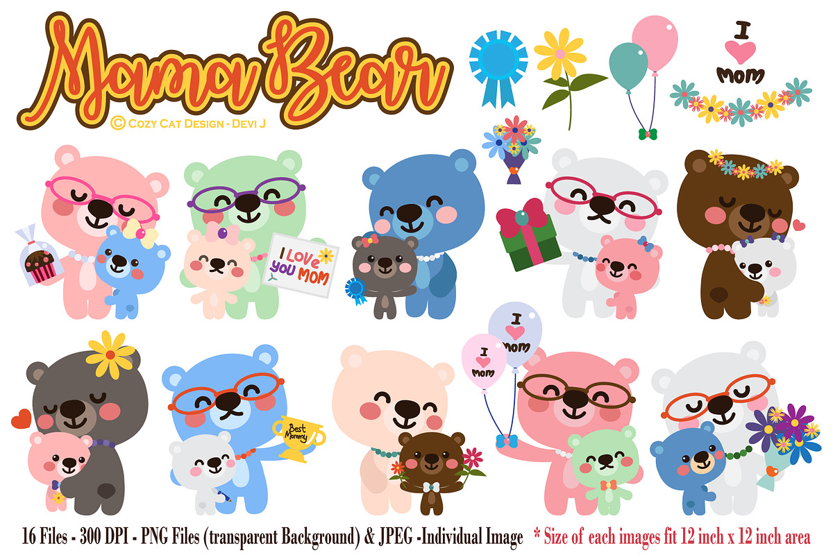 Mama Bear Digital Clip Art, a Seasonal Illustration by Cozy Cat Design (Photo 1 of 10)