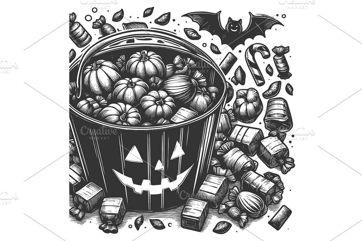 bucket filled with candies engraving, an Illustration by AlexArt