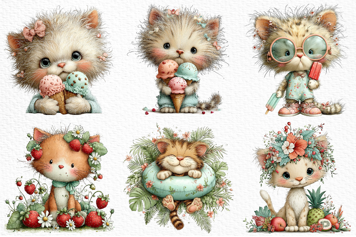 Whimsical Summer Cats Clipart, an Illustration by Craft Nest (Photo 2 of 12)