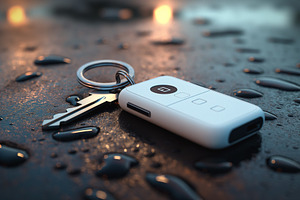 A close-up of a modern car key fob and silver key resting on a wet, reflective, a Business Photo by ImageMir