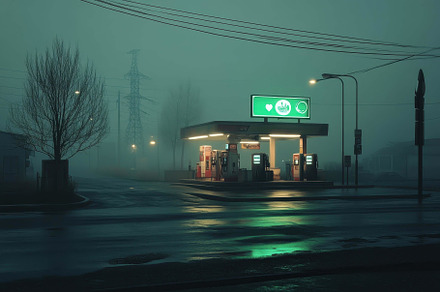 Gas station illuminated in misty eve, a Photo by Tanuart