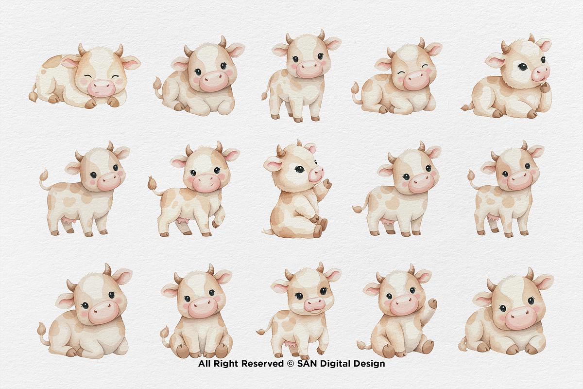 15 Bundle Watercolor Cow Kids Brown, an Animal Illustration by Morspective (Photo 8 of 8)