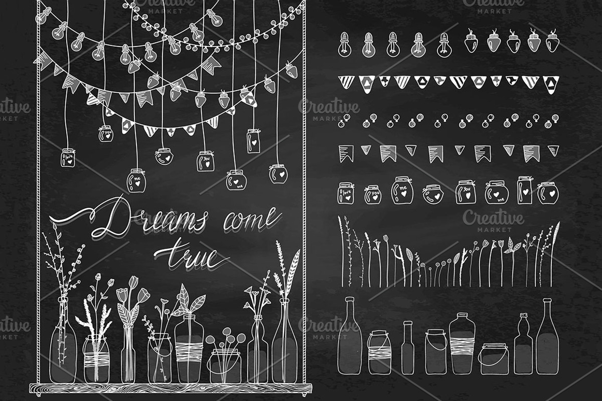 Set of bottles, garlands, lamps., a Product Mockup by Happiestsim