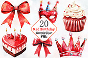 Red Birthday Watercolor Cliparts, an Illustration by RobertsArt (Thumbnail 1 of 7)