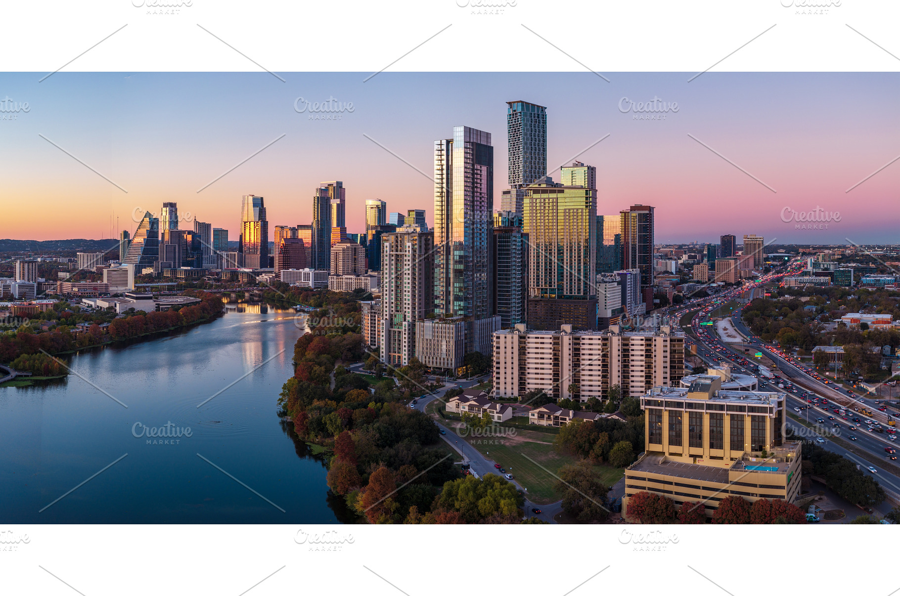 Sunset view of Austin Skyline from, an Architecture Photo by Backyard Stock