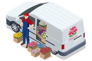 Flower delivery van with courier and