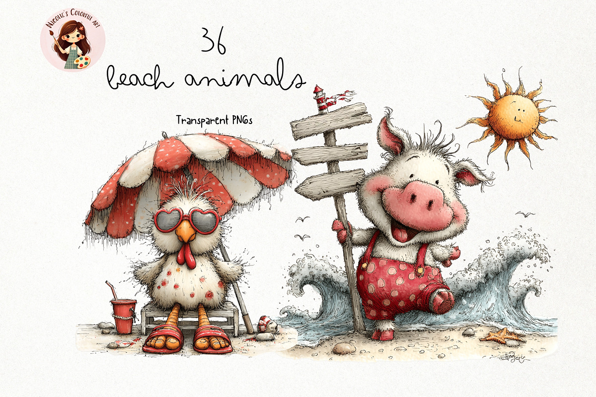 Beach Animals Watercolor Clipart Set, an Animal Illustration by Nicolle's Colorful Art (Photo 1 of 10)
