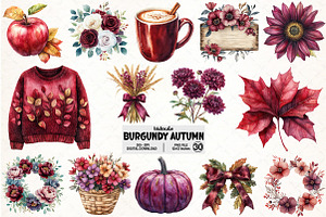 Watercolor Burgundy Autumn Clipart, an Illustration by Pixels.Craft