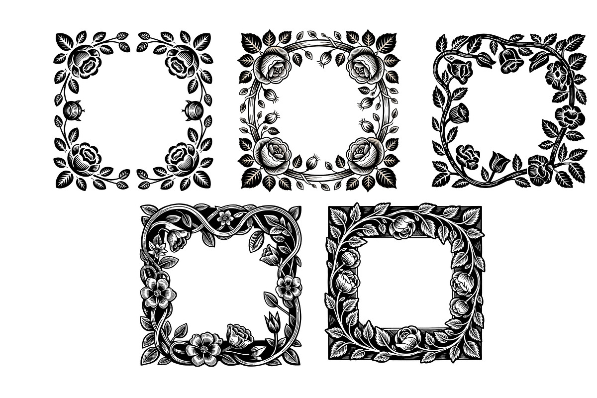 linocut floral frames, a Background Graphic by SketchArtStudio (Photo 2 of 3)