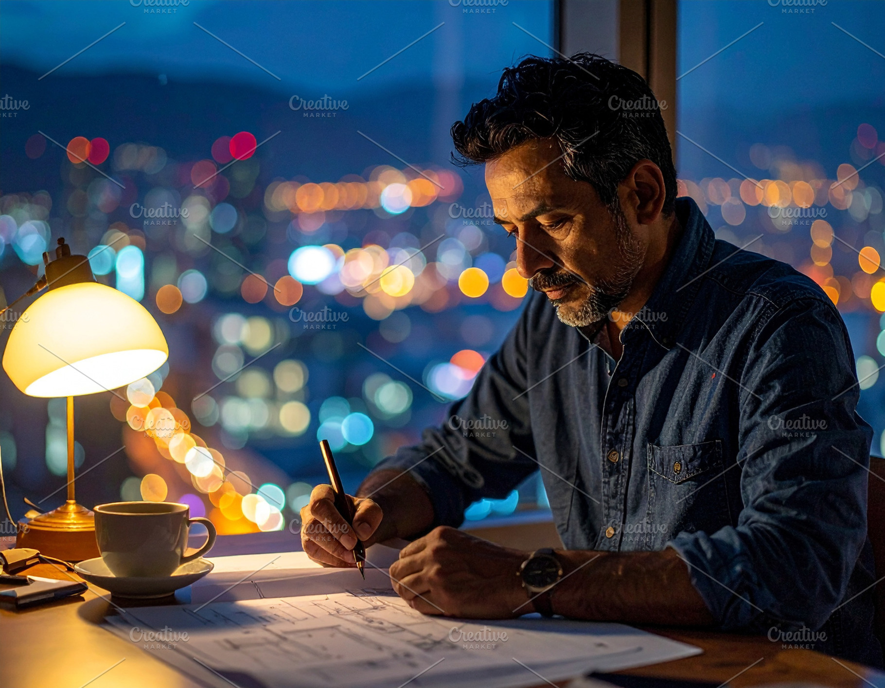 Architect sketching blueprint at nighttime, a Business Photo by DanFLCreativo