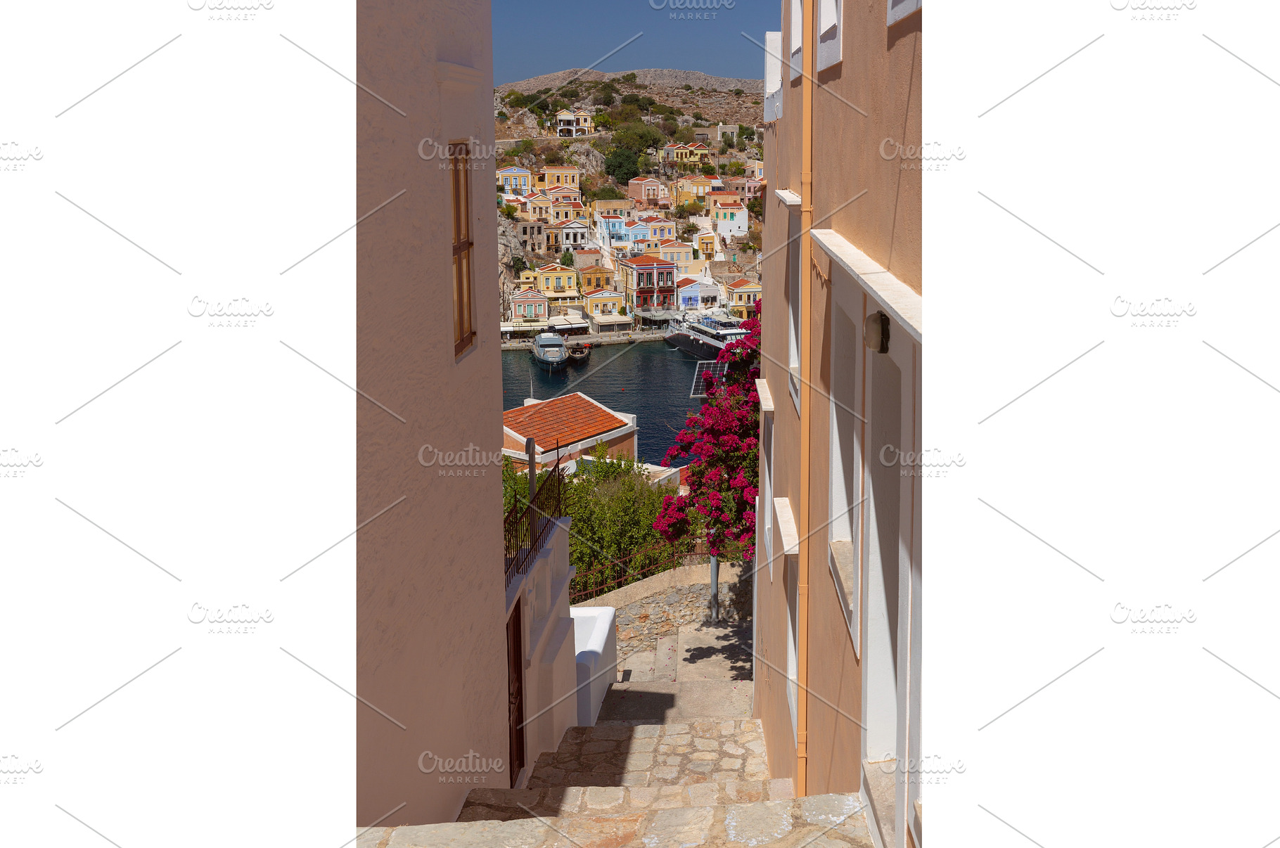 Symi harbor view through narrow, an Architecture Photo by kavalenkava