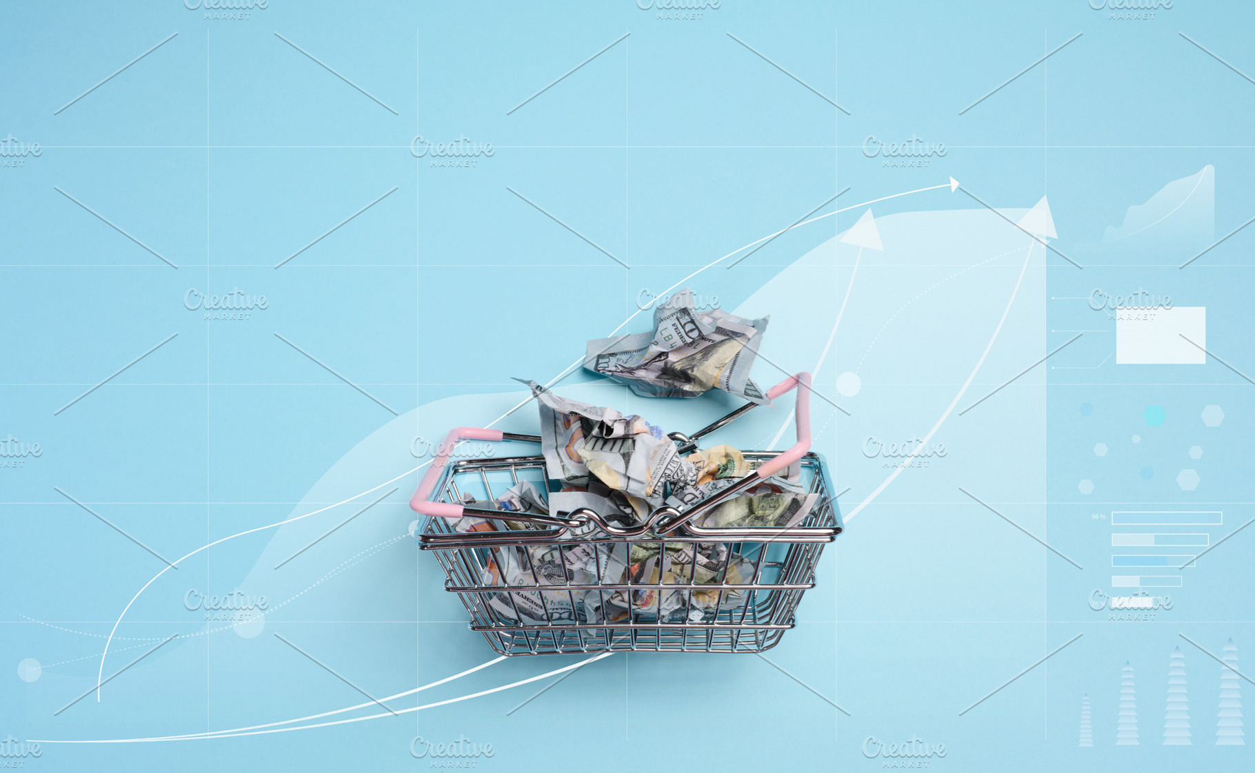 Metal shopping basket with pink handles filled with crumpled dol, a Business Photo by ndanko