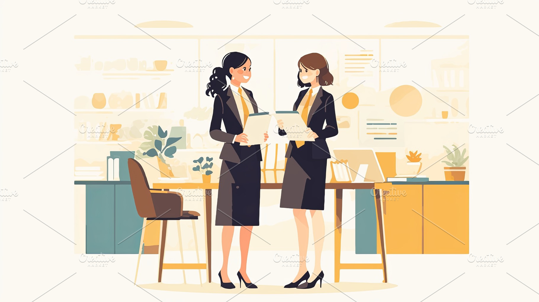 Two professional women discussing work in a modern and stylish office space, a Photo by AS photostudio