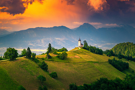 Sunset landscape in Slovenia, an Architecture Photo by Alpine Dreams