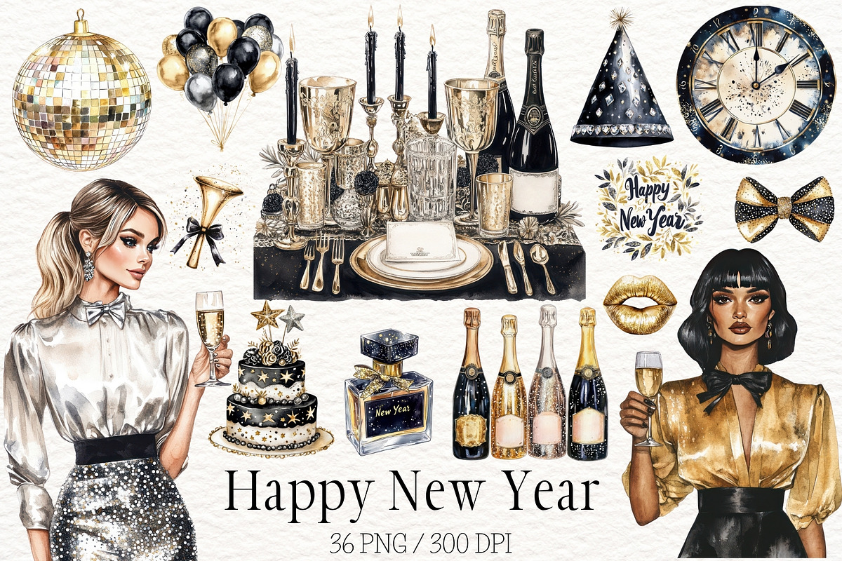 Black & Gold Happy New Year Clipart, an Illustration by Maysa Art (Photo 1 of 5)
