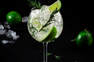 Gin tonic alcoholic cocktail drink with dry gin, rosemary, tonic, a Food & Drink Photo by 5PH