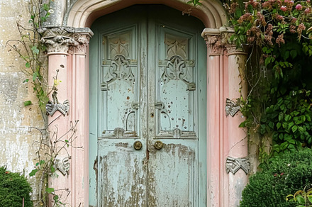 Entrance to a historic manor, framed by antique architectural el, a Photo by Anneleven
