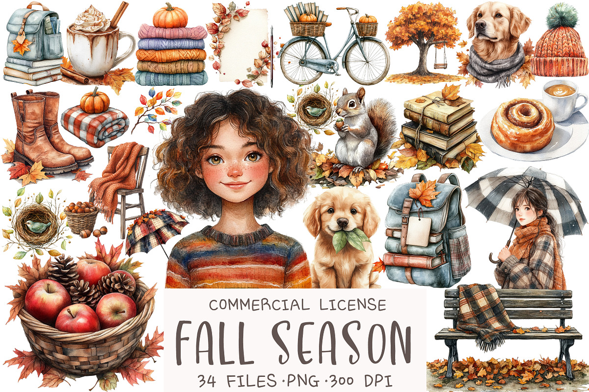 Watercolor Fall Season Clipart, an Illustration by OK Design (Photo 1 of 5)