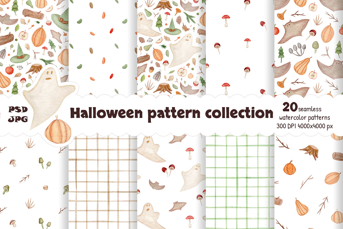 Watercolor Halloween patterns, a Pattern Graphic by Lagniappe Art (Photo 1 of 11)