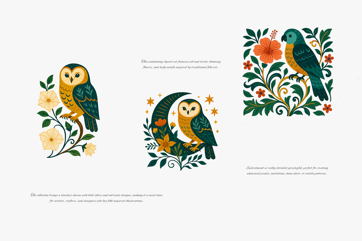 folk bird and floral clipart set, a Decorative Illustration by Patishop Art