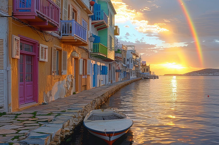 Sunset Over Mykonos Waterfront with Colorful Buildings and Rainbow, Greece, a Photo by AS photostudio