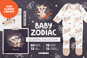 Baby Zodiac Signs, Clipart, Patterns, an Animal Illustration by Ejevyaka