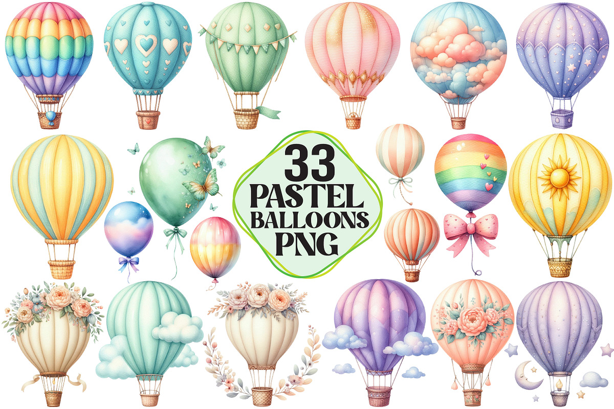 Hot Air Balloon Png, Pastel Balloons, an Illustration by Pixels.Craft (Photo 1 of 7)