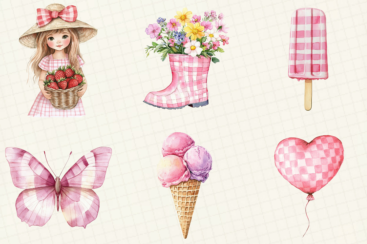 Pink Gingham Summer Clipart, an Illustration by OK Design (Photo 2 of 5)