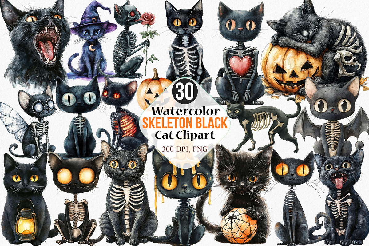 Watercolor Skeleton Black Cat Clipar, an Illustration by Canvas Craft (Photo 1 of 7)