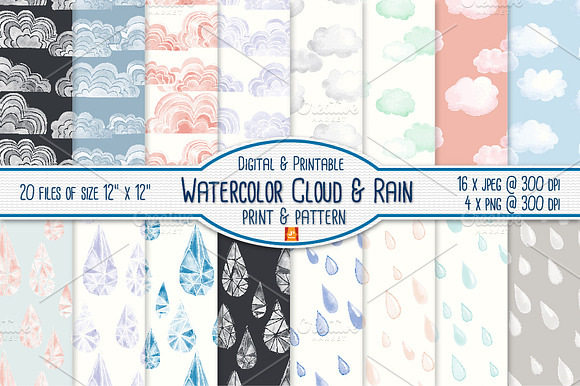 Watercolor Cloud &Rain Digital Paper preview 6