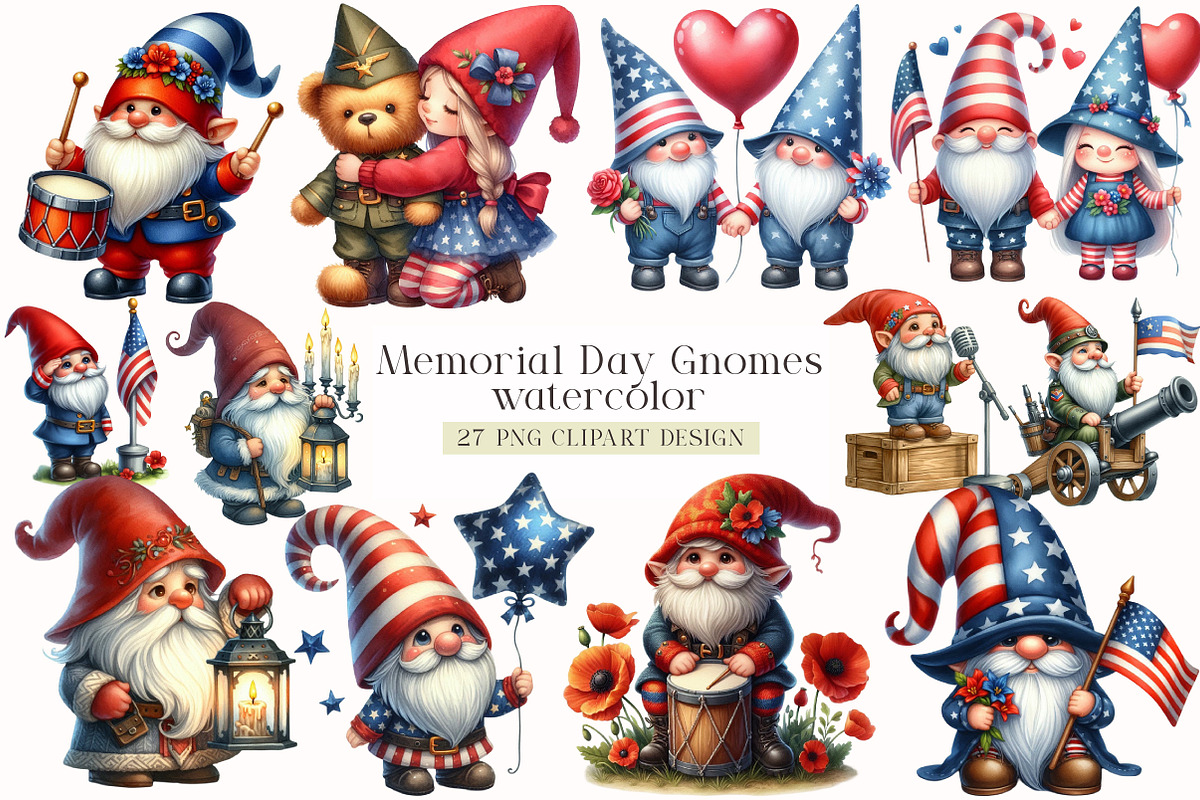 Watercolor Memorial Day Gnomes, a Seasonal Illustration by DreamArtGraphic (Photo 1 of 4)
